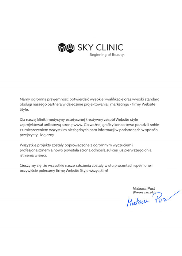 Referencje dla agencji interaktywnej Website Style od firmy Sky Clinic